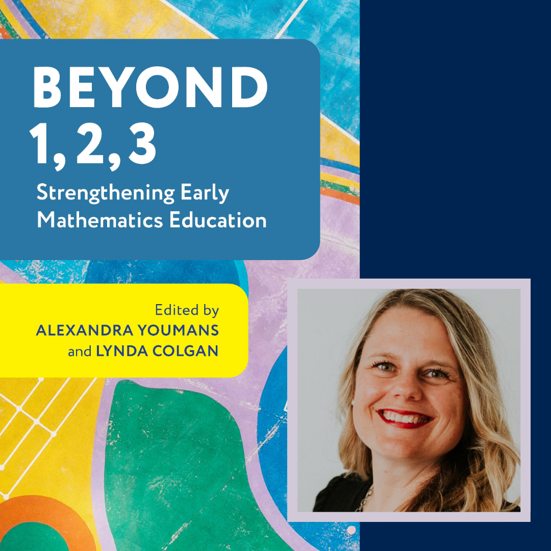 Sandy Youmans smiles at the camera with medium length bland hair wearing a black shirt from a photo insert next to her book cover entitled: Beyond 1,2,3, Strengthening Early Mathematics Education