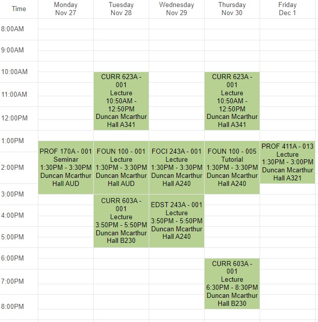 A sample timetable showing intermediate senior classes