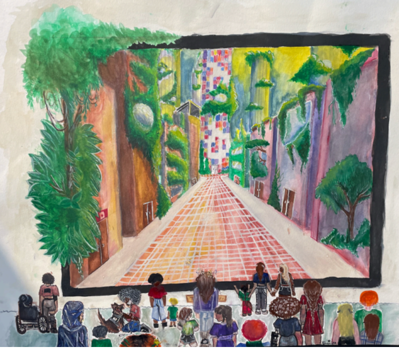 Drawing by Teagan Amey. A cobbled path stretches out between a row of small houses. There are trees lining the rows. 