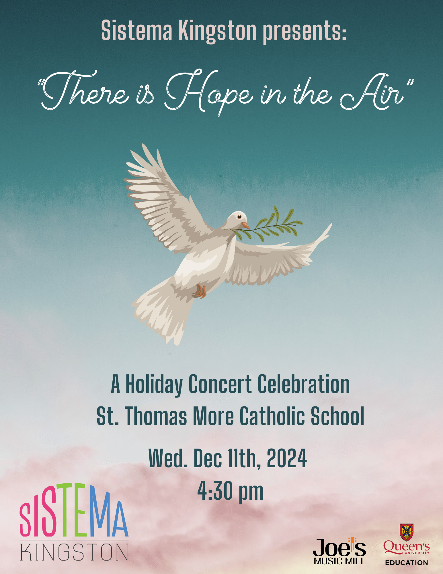 A concert poster with a dove holding an olive branch. The Poster reads "A Holiday Concert Celebration