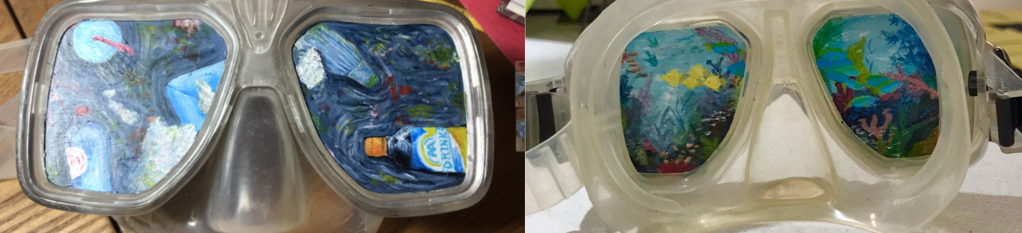 Two snorkel masks both with paintings on the lenses. The outward facing lens shows bottles floating in the water, the inside of the lens is a beautiful healthy reef scene