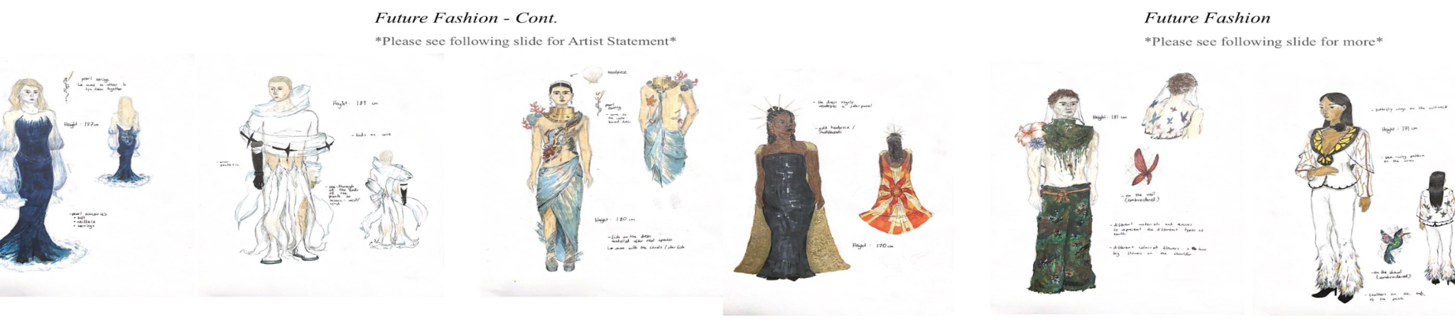 Various drawings of people wearing unique fashions. 