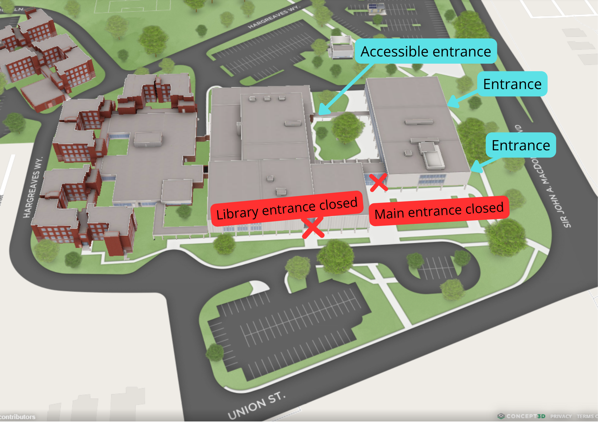 Aerial view of Duncan McArthur Hall showing two red blocks around the entrances to the front of the building near the library entrance. There are three green entrances, two showing along the east side of the building and a marker denoting an accessible entrance with an arrow pointing to the door off of the courtyard.