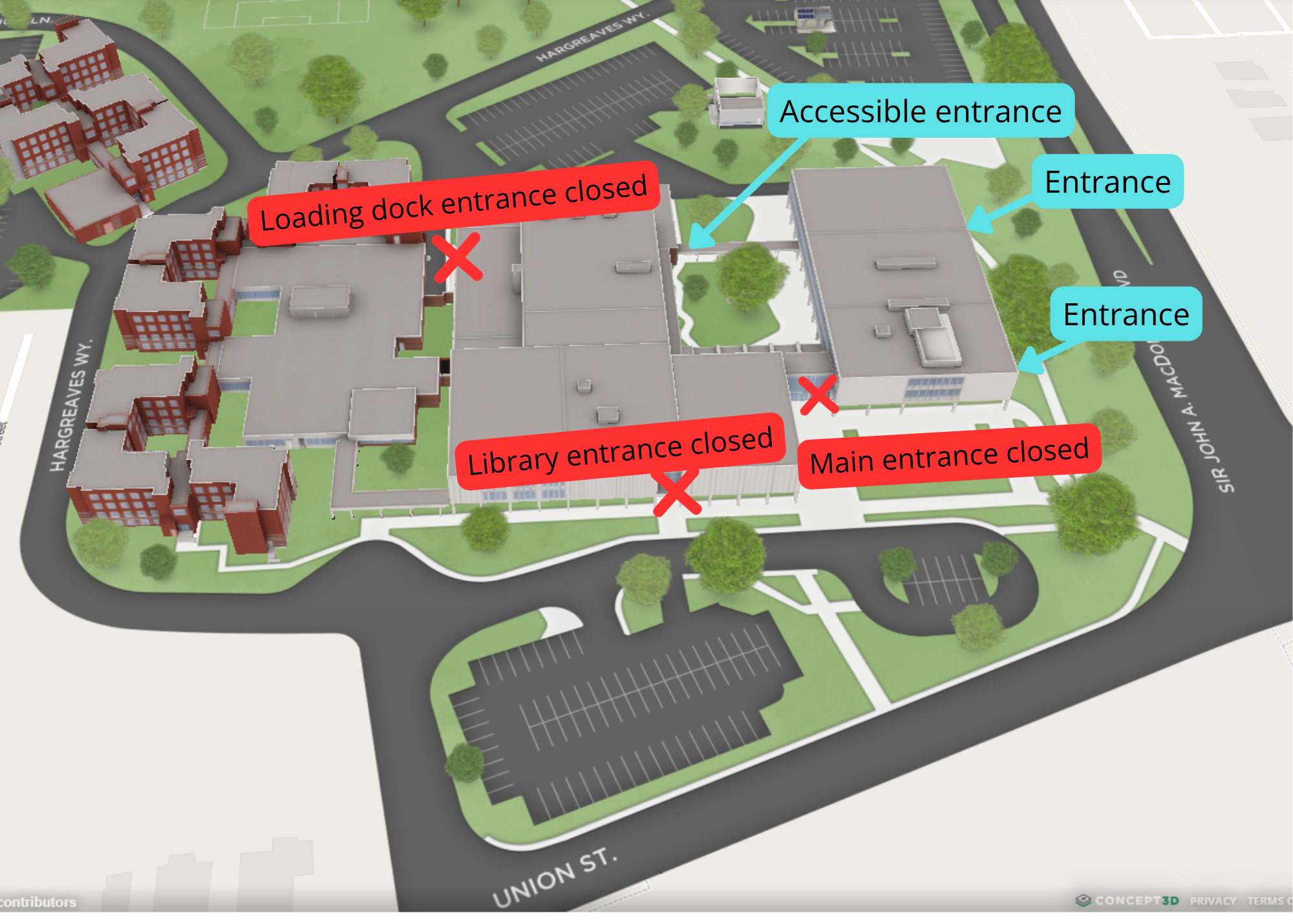 Aerial view of Duncan McArthur Hall showing green open entrances with arrows pointing to them along the east side of the building and red 'x's over three entrances with the wording "Main entrance closed, Library entrance closed, loading dock entrance closed."