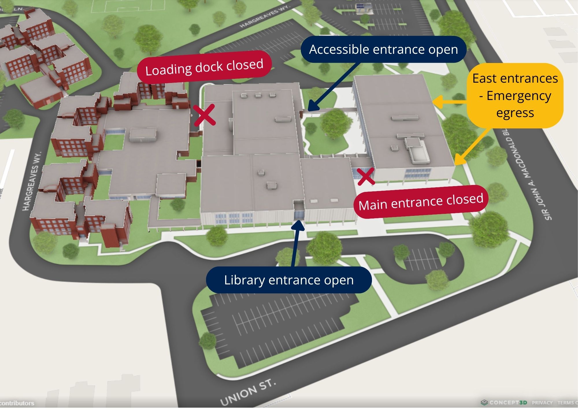 Aerial map of Duncan McArthur Hall showing red x's over the main entrance and loading dock entrance which are closed. There are arrows indicating the library entrance and north courtyard entrance are open. Yellow arrows point to the east entrances indicating they are open for emergency egress.