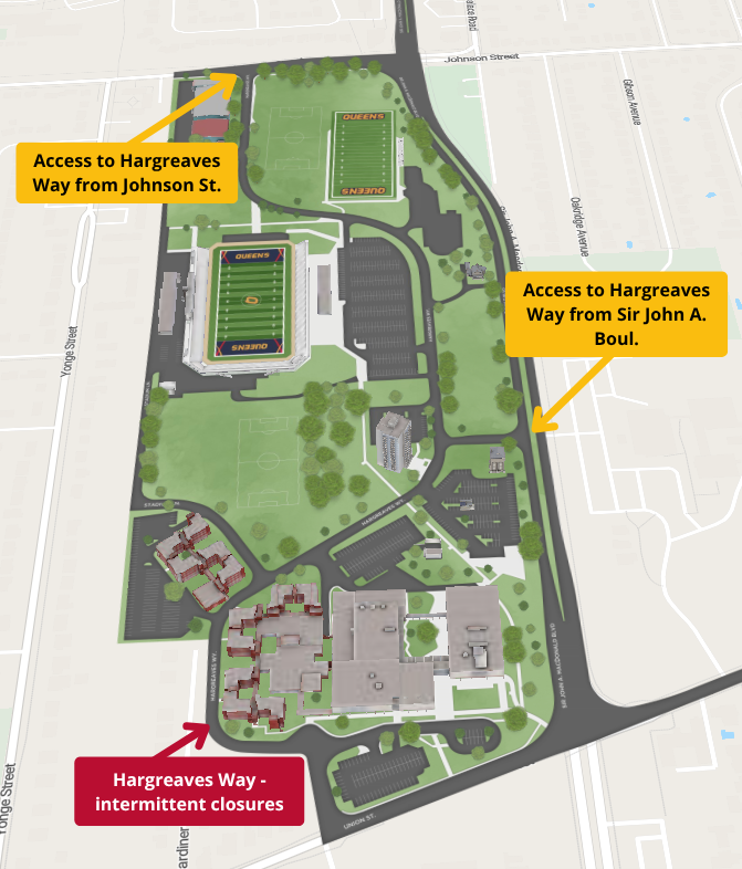 Aerial map showing two yellow boxes indicating access to Hargreaves Way from Johnson St. and Sir John A. Boul. and a red box indicating intermittent closures to Hargreaves Way along Union St.