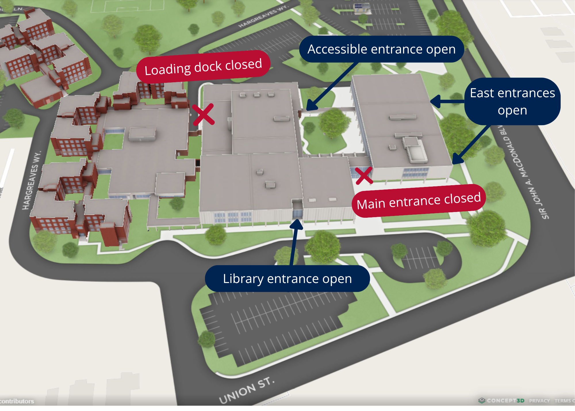 Aerial map of Duncan McArthur Hall showing entrances open at the east and south by the library. There is an accessible entrance in the north courtyard. There are red x's over the loading dock and main entrance which are closed.