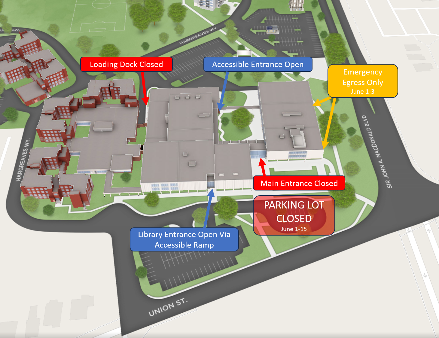Aerial map showing two closed entrances at the south and loading dock areas of the building. A red box also indicates that a parking lot is closed. There are two blue entrances indicating entry into the building from an accessible area in the north courtyard and via a ramp near the library. A yellow box indicates emergency exits along the east of the building.