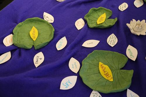 Clay lily pads sit on a large blue piece of felt. There are words written on paper leaves scattered around the felt.