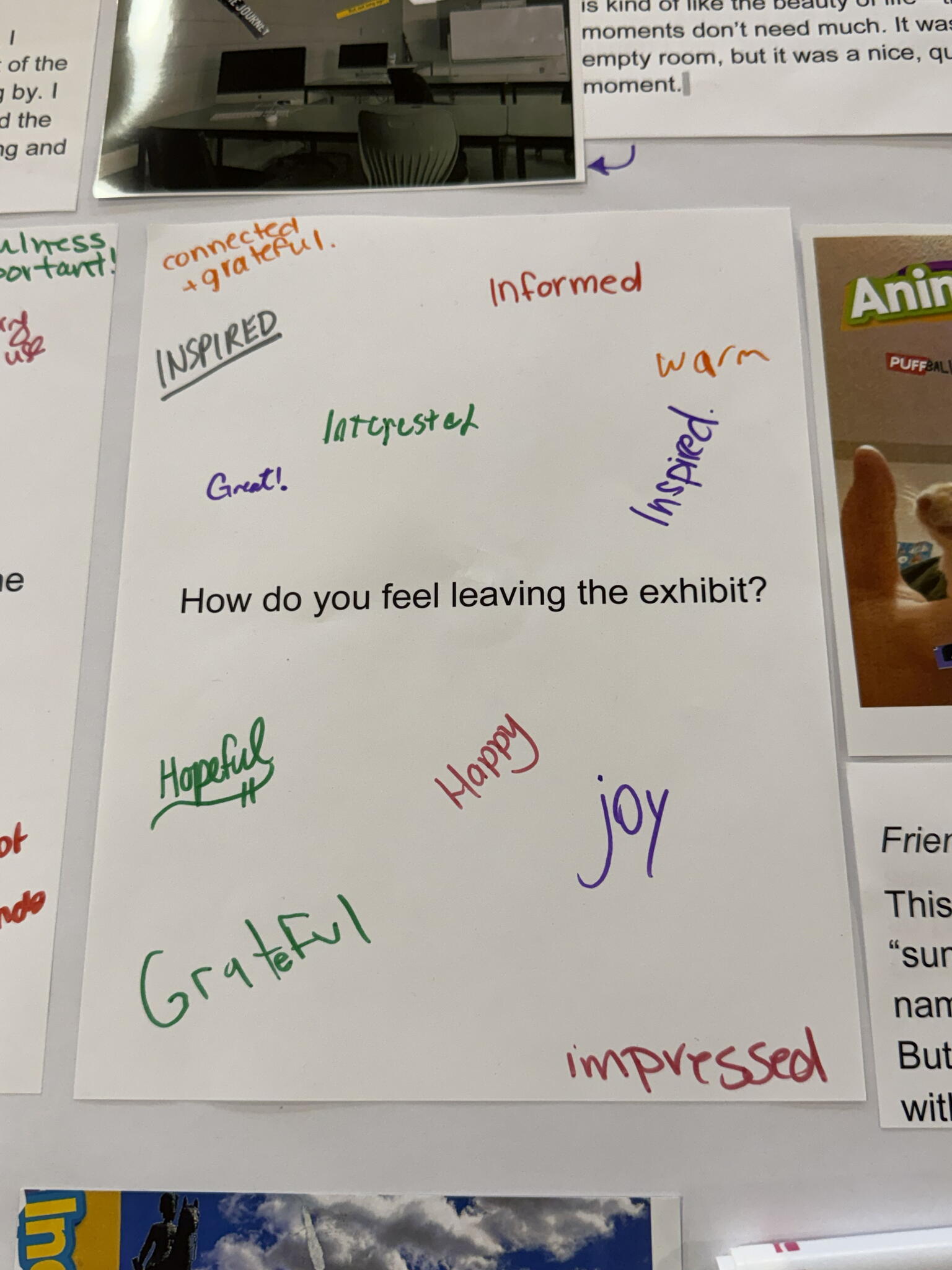 an image of a paper with information on how people felt leaving the room with responses like connected and grateful, informed, etc. 