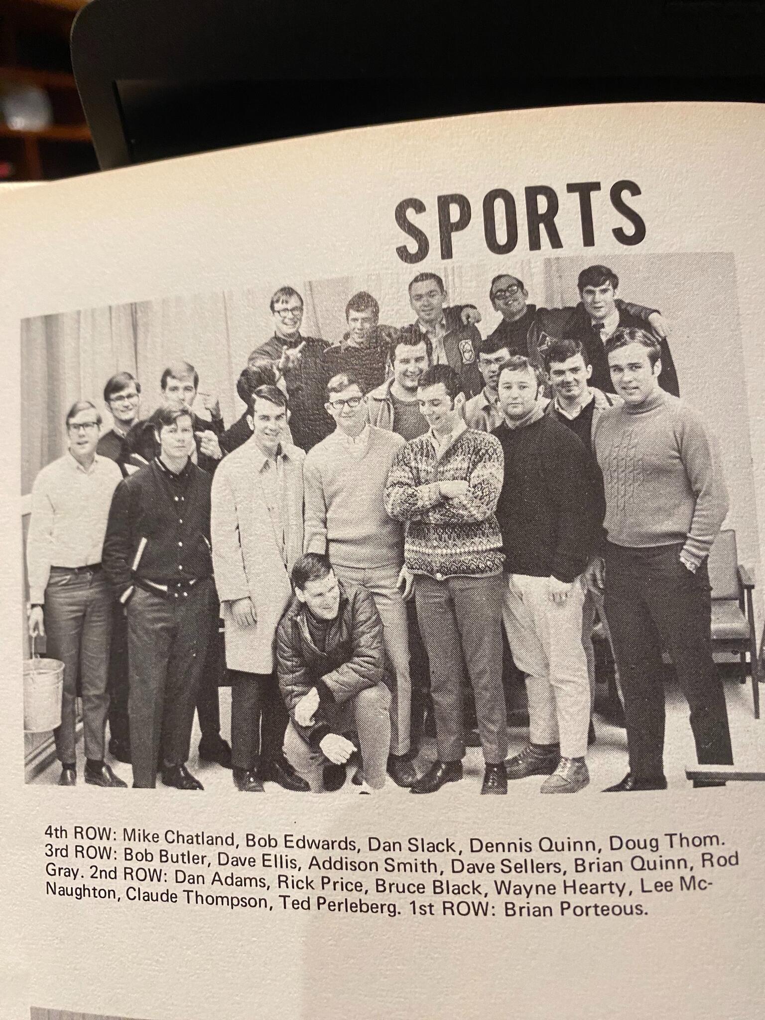 Yearbook photo of a group of students. There is a large title that reads "SPORTS."