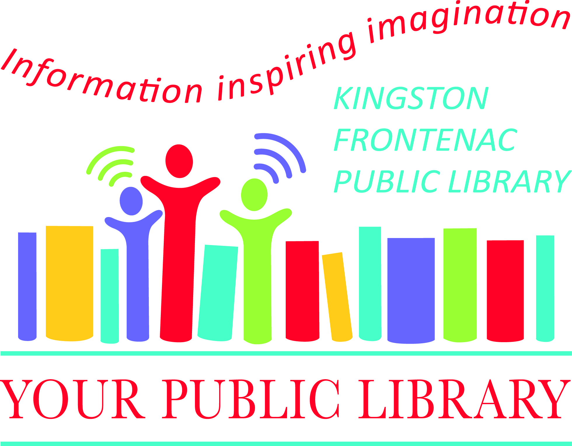 Kingston Frontenac Public library written above various coloured books with "Your Public Library" written underneath