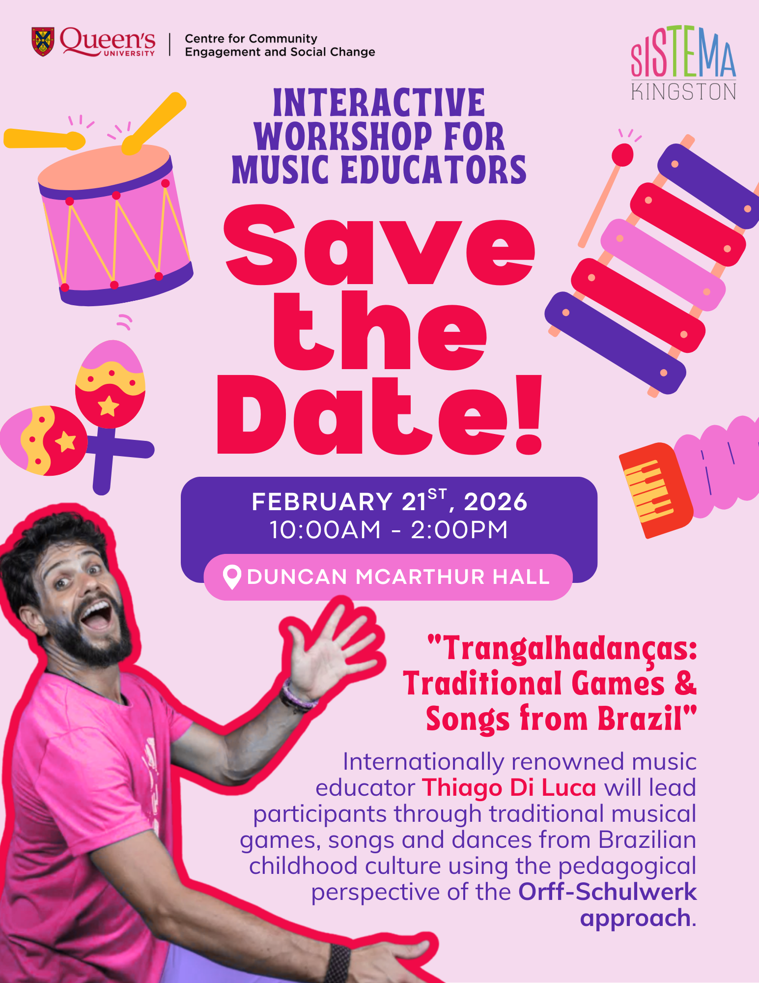 Poster for Thiago Di Luca workshop with a pink background, illustrations of instruments, and a photo of Thiago dancing.