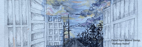 A detail from a painting by Maeve Stemp "Halfway Home": Painting, sky and buildings, blue