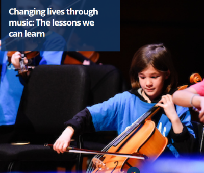 Text reading: Changing lives through music- the lessons we can learn, over top of a young student playing cello