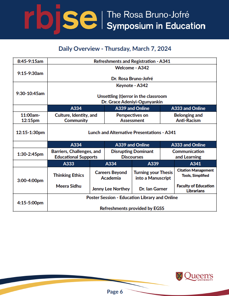 Image of Thursday, March 7 schedule for RBJSE 2024