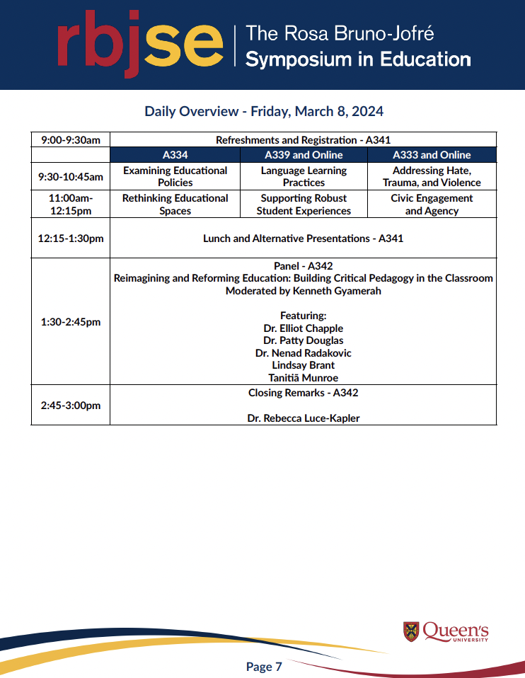 Image of Friday, March 8 schedule for RBJSE 2024