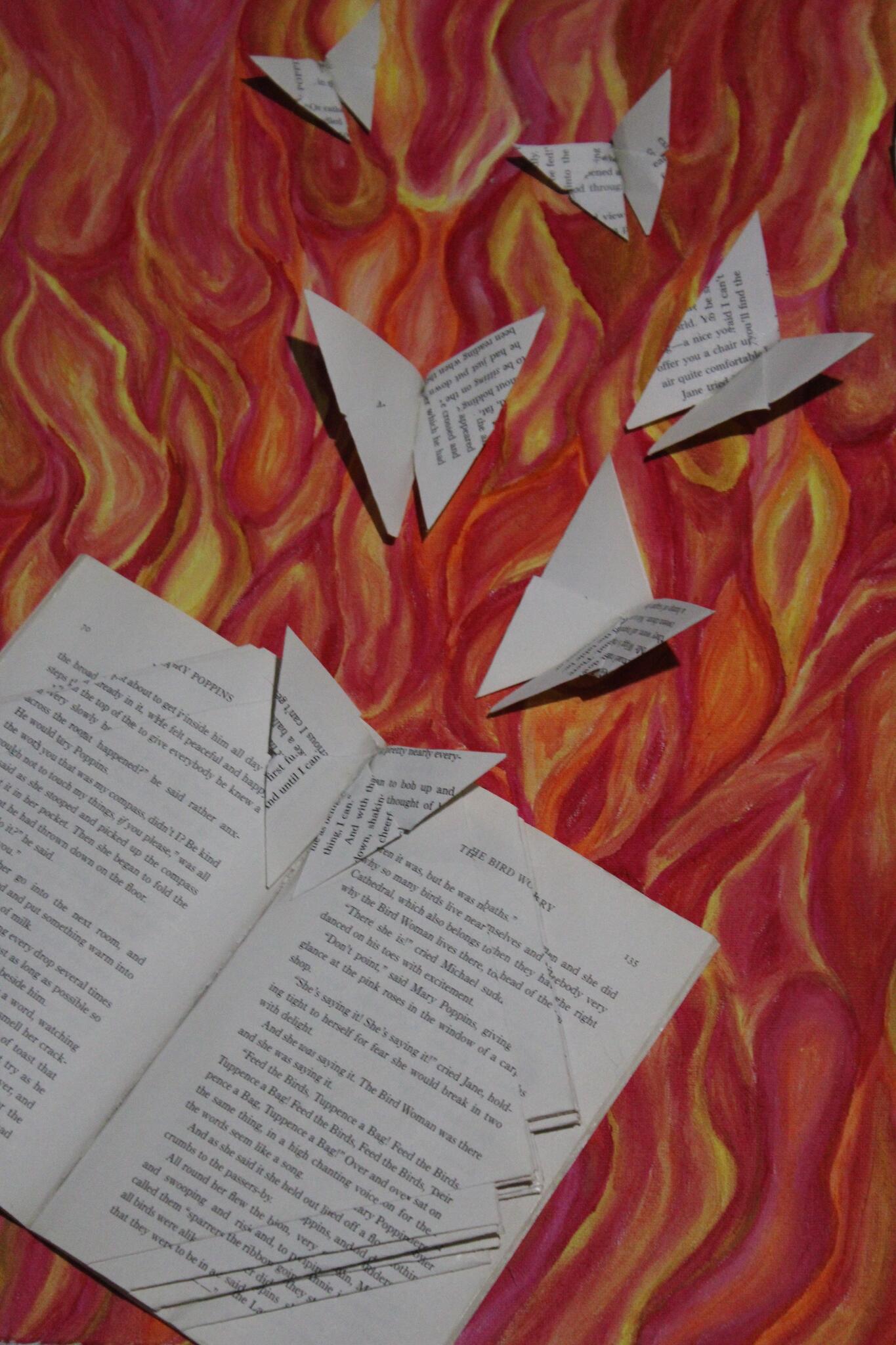 Untitled by Artemis OGrady a piece of art that shows a book's pages being turned into butterflies on top of a fire