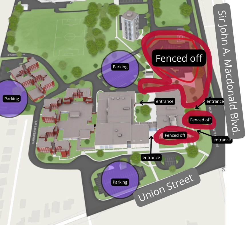 Map of Duncan McArthur Hall with parking and fences marked 