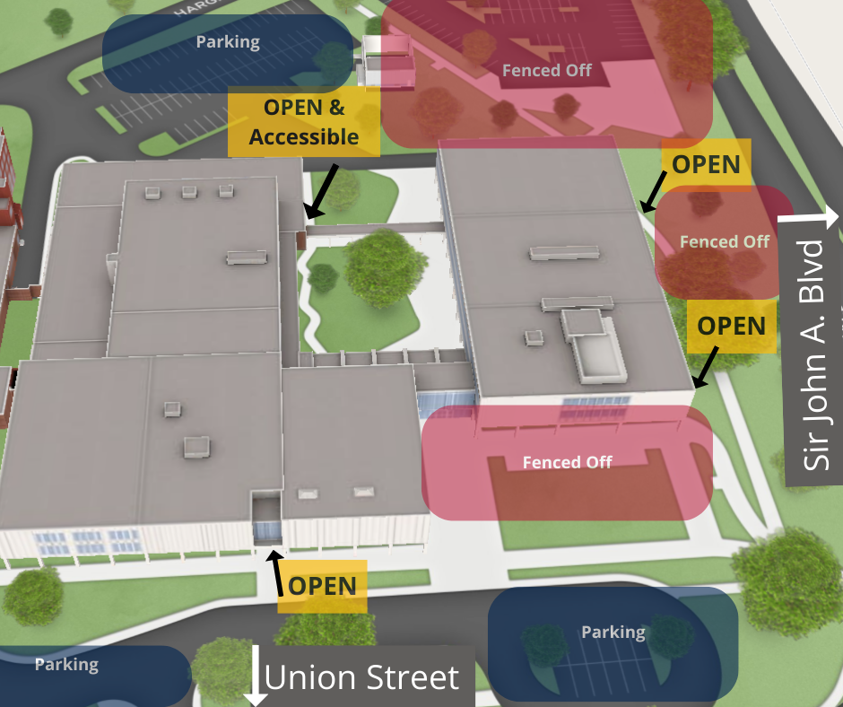 Update of construction map with front entrance closed, info about where to park and where fencing is located