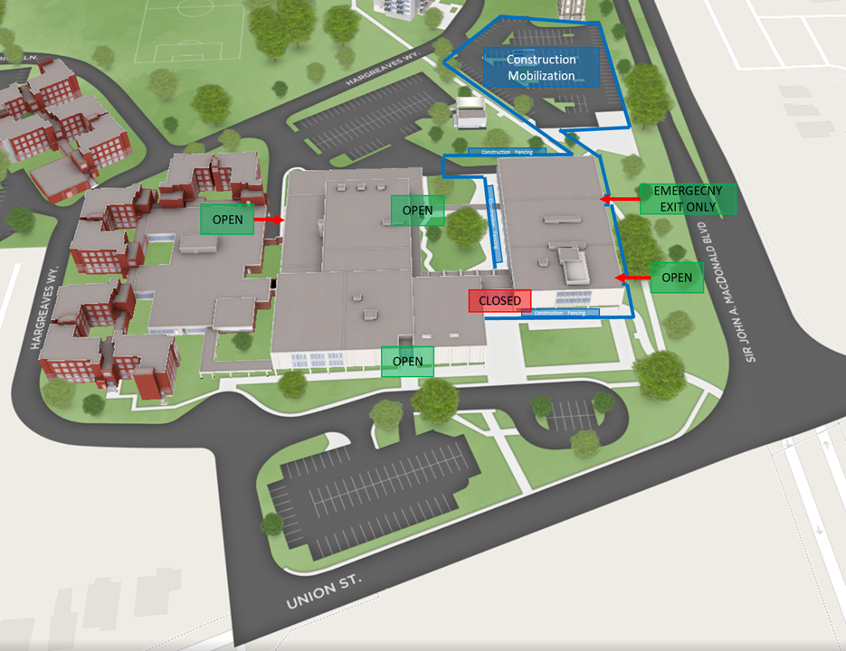 A Duncan McArthur Hall Map showing that the north AWing stairway is closed