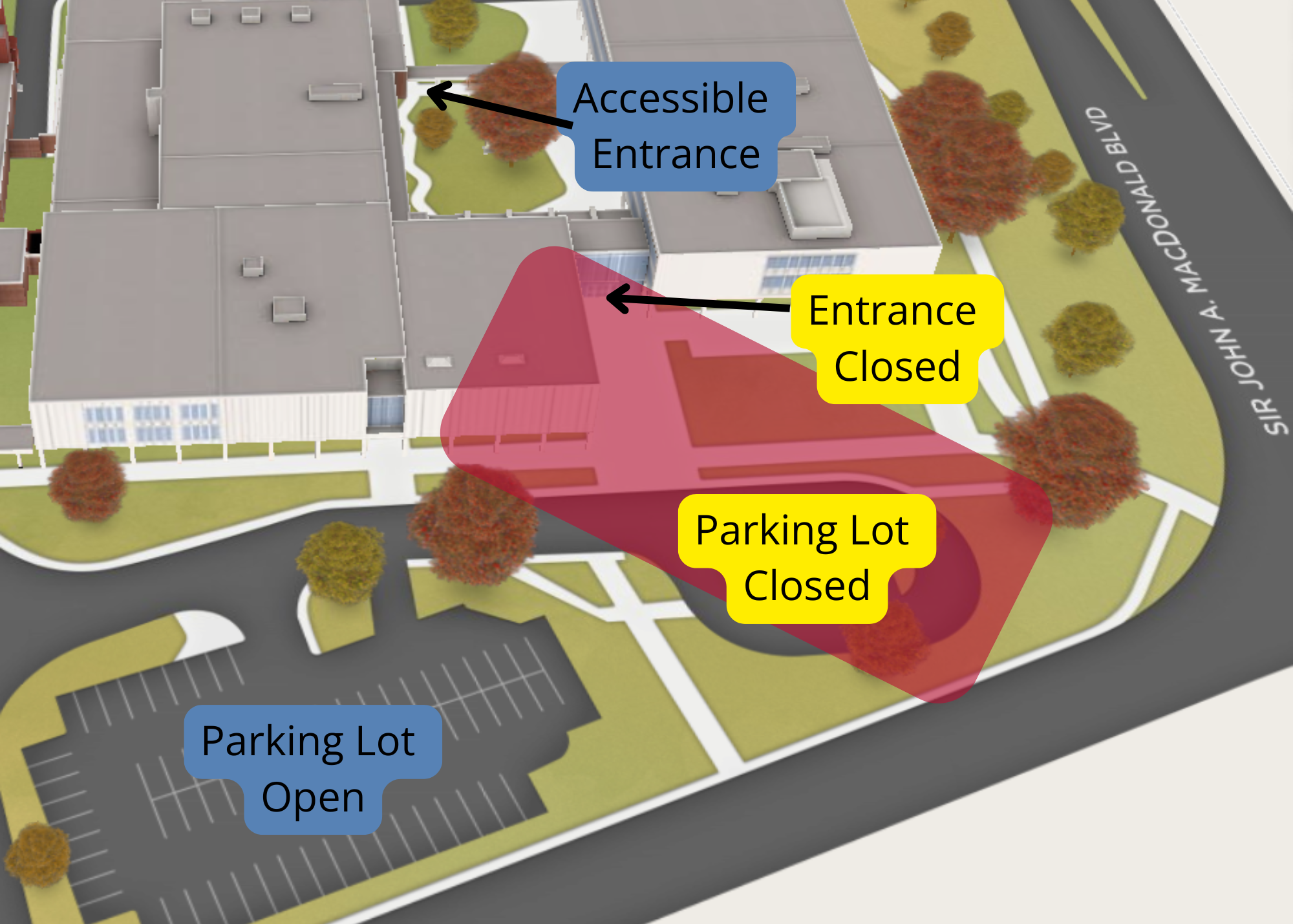 A map of Duncan McArthur Hall explaining a planned closure due to construction