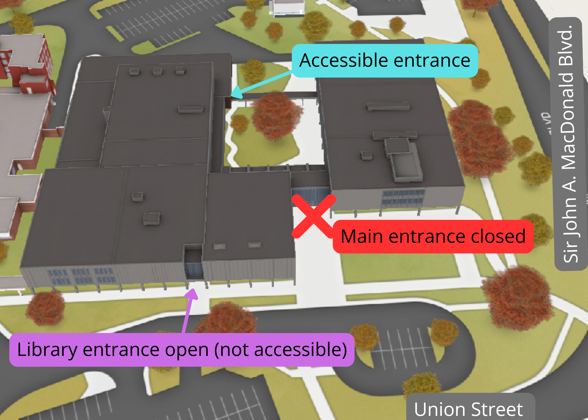 An image of the exterior of Duncan McArthur Hall with information about which entrances are open, closed and accessible. 