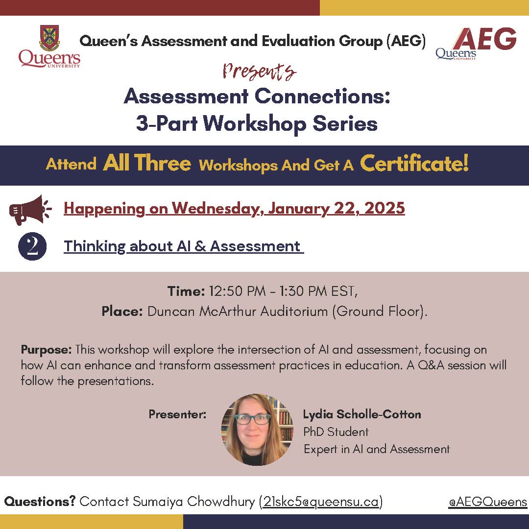 A flyer for the AEG Group about A workship that will explore the intersection of AI and Assessment focusing on how AI can enhance and transform assessment practices in education. A Q&A will follow the presentations. 