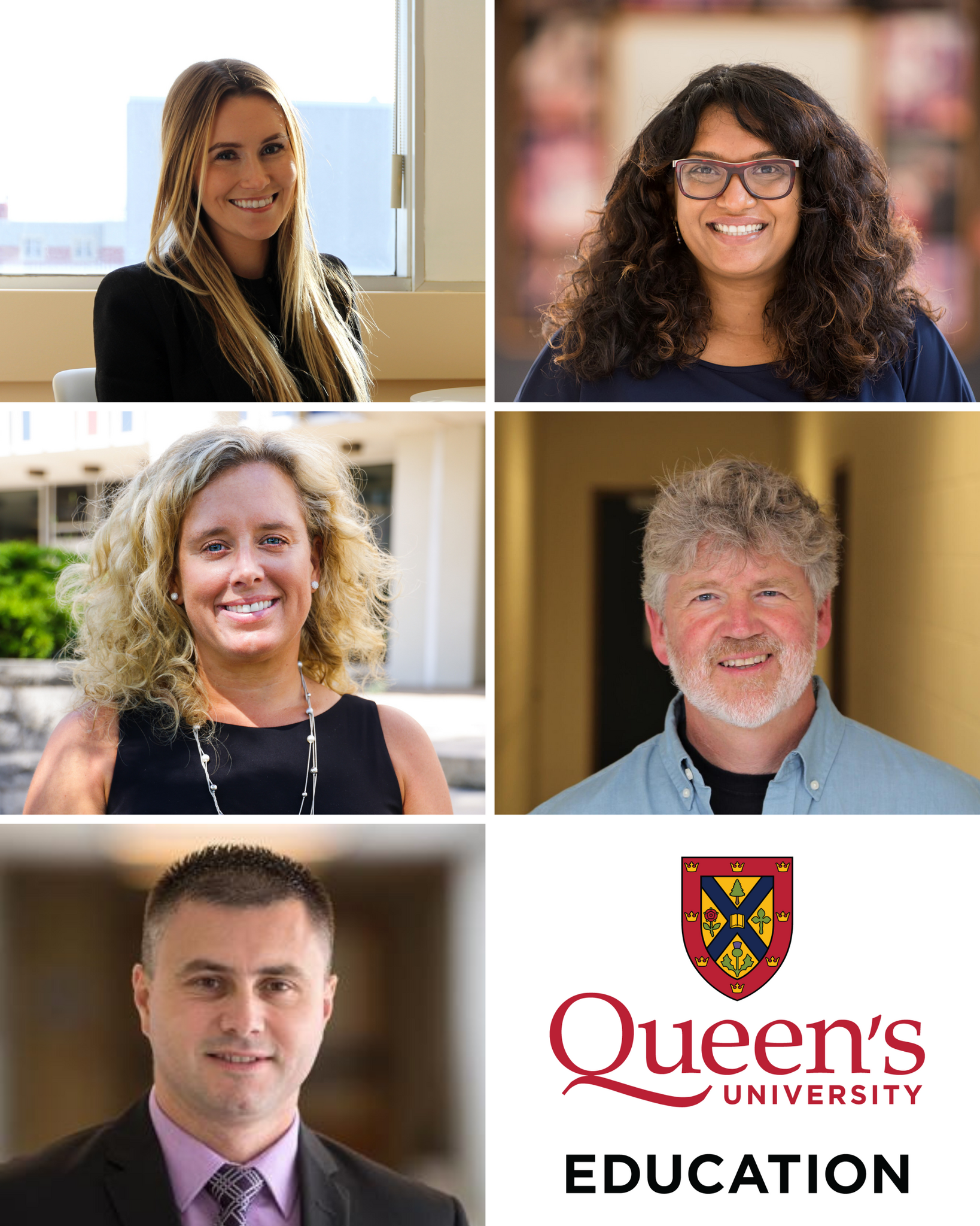 Headshots of 5 researchers and the Queen's Logo 