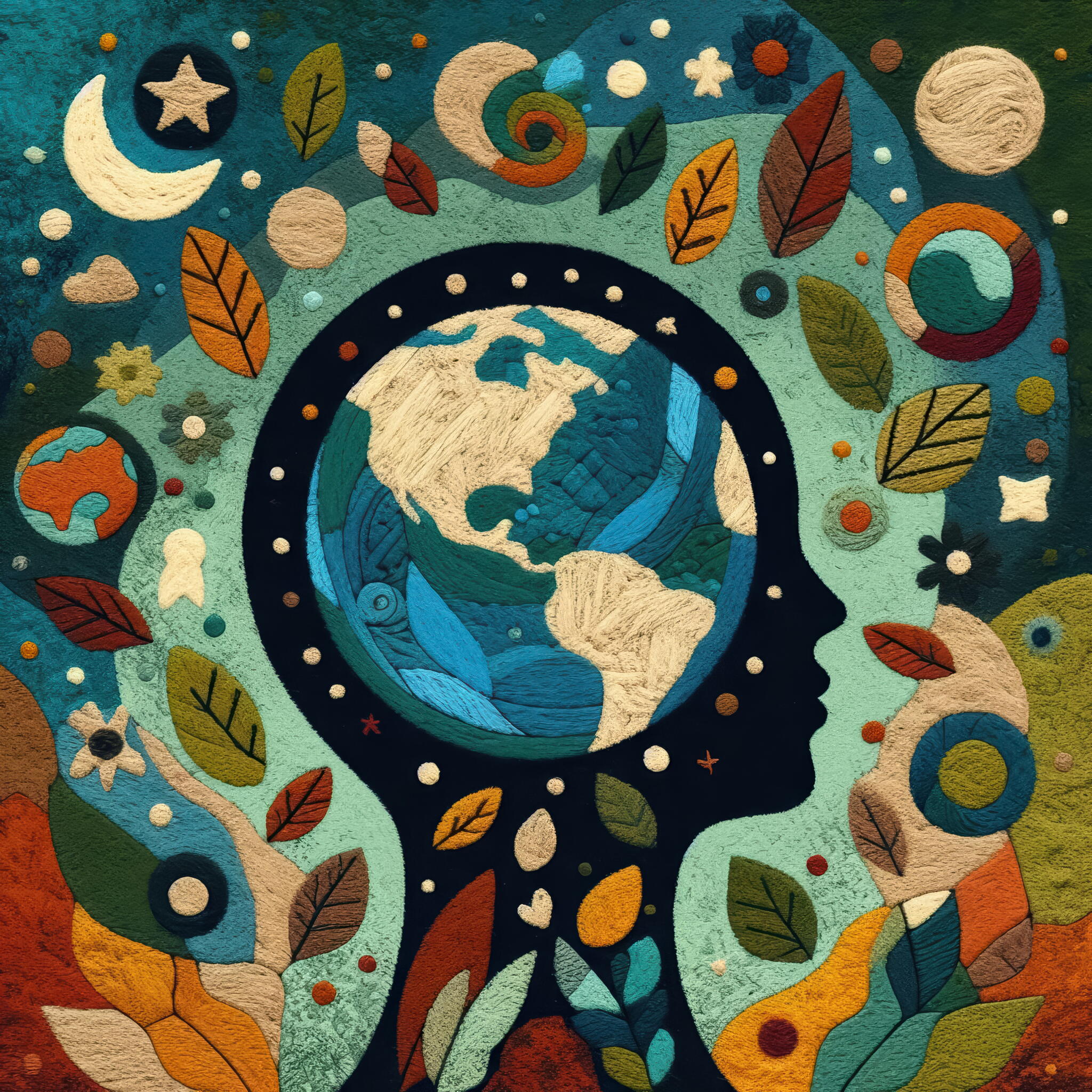 an image that seems to be wool or embroidered of a silhouette with the world inside where the brain would be