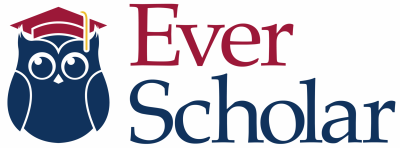 "Ever Scholar logo, red and blue text with an owl wearing a graduation cap"