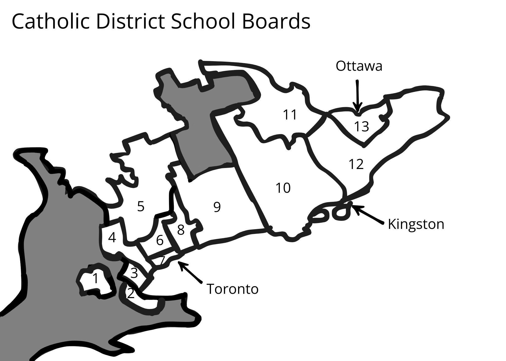 A map of Ontario that has the Catholic District School Boards on it