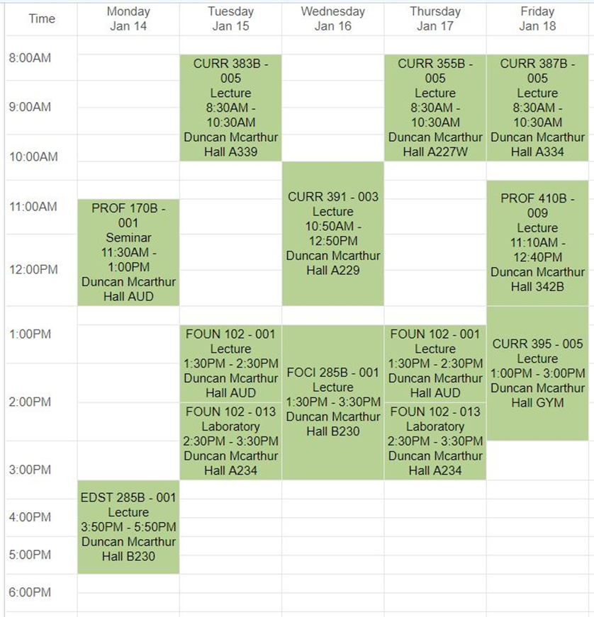 Sample Schedule - BEd Primary Junior 