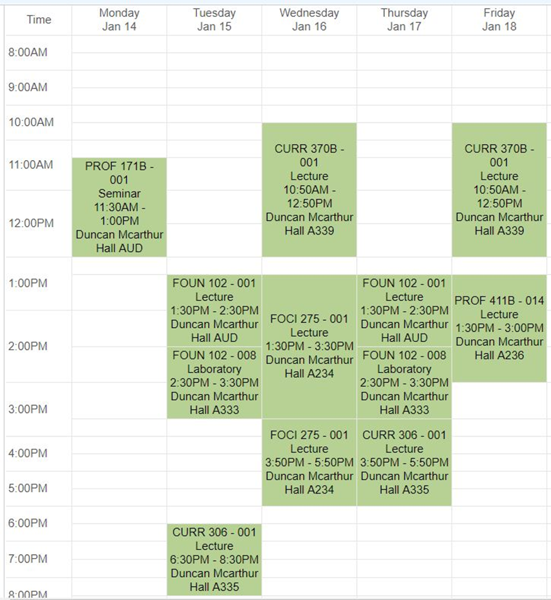 Weekly Intermediate Senior Sample Schedule 