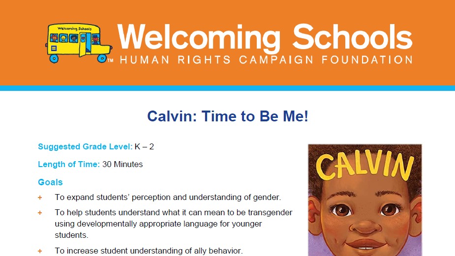 The top half of a lesson plan showing the outline and the book cover of "Calvin."