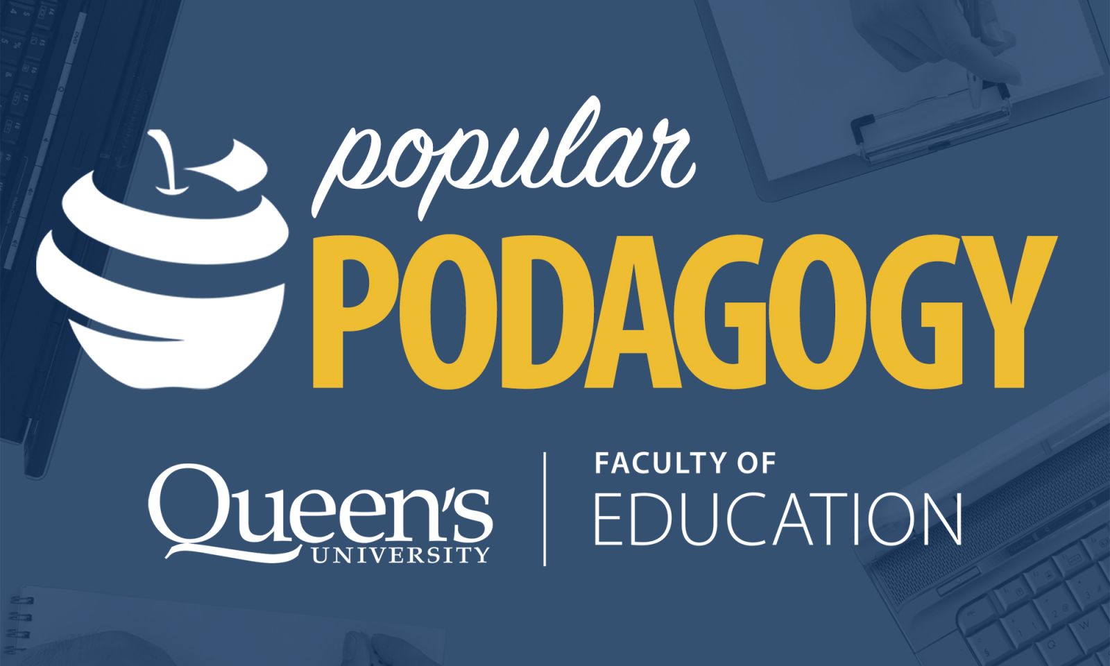 "Popular Podagogy logo- white and yellow text on blue background with an apple graphic"