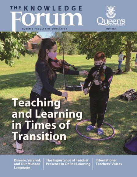 A Teacher playing an instrument outside with a student and both are masked with the words the Knowledge Forum superimposed