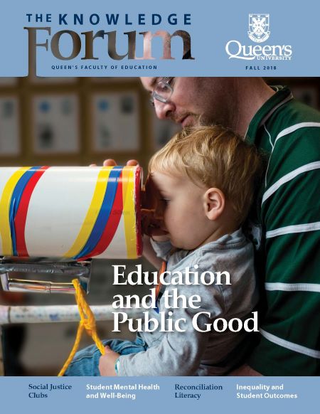 The cover of the Knowledge Forum featuring a little boy looking through a telescope