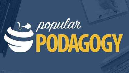 Popular Podagogy logo that says "Popular Podagogy" with an outline of an apple in white on a blue background.