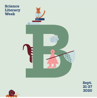 Science Literacy Week poster with large letter 'B' and drawings around it